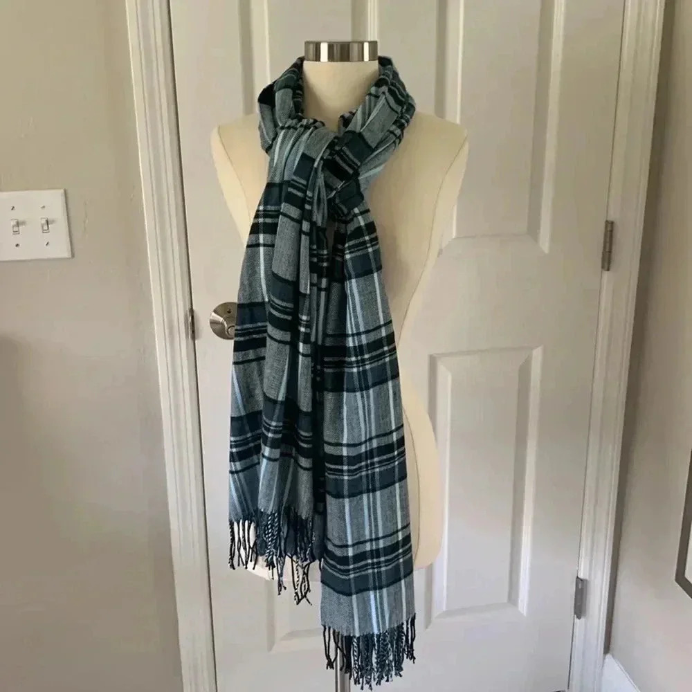 Light blue and black plaid wide scarf/ wrap